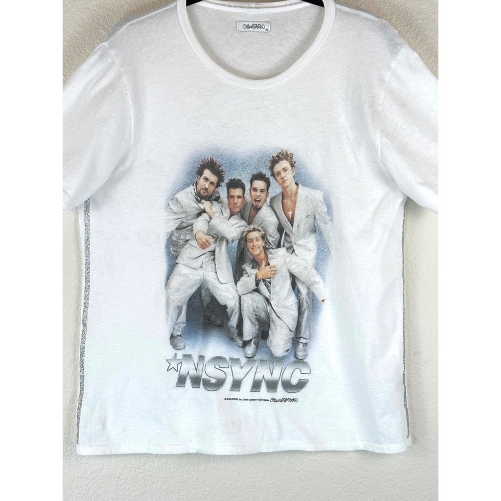 Lauren Moshi NSYNC Graphic Tee Y2K White Shimmer Stripe‎ Indie Sleaze Medium